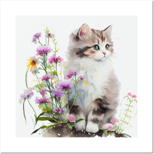 Cute Kitten surrounded with wild flowers. Watercolor Art of Cat Posters and Art